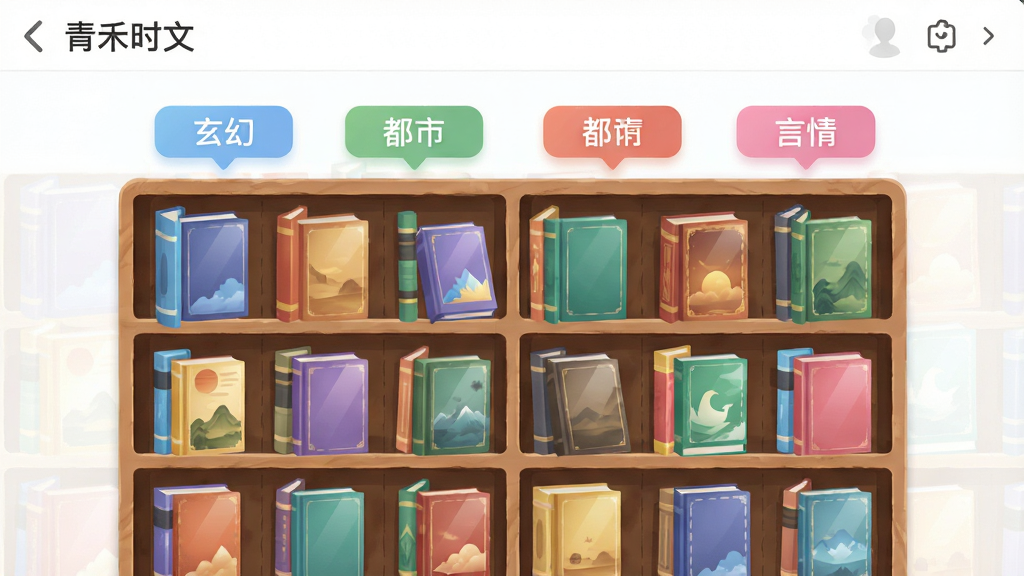 青禾时文海量书库界面,画面中心为虚拟的电子书架,书架上摆满不同颜色封面的书籍,分类标签悬浮在书架上方,包含玄幻、都市、言情等字样,布局采用网格状排列,风格为扁平化插画,细节展现书籍光影质感,画质清晰,干净,无多余元素