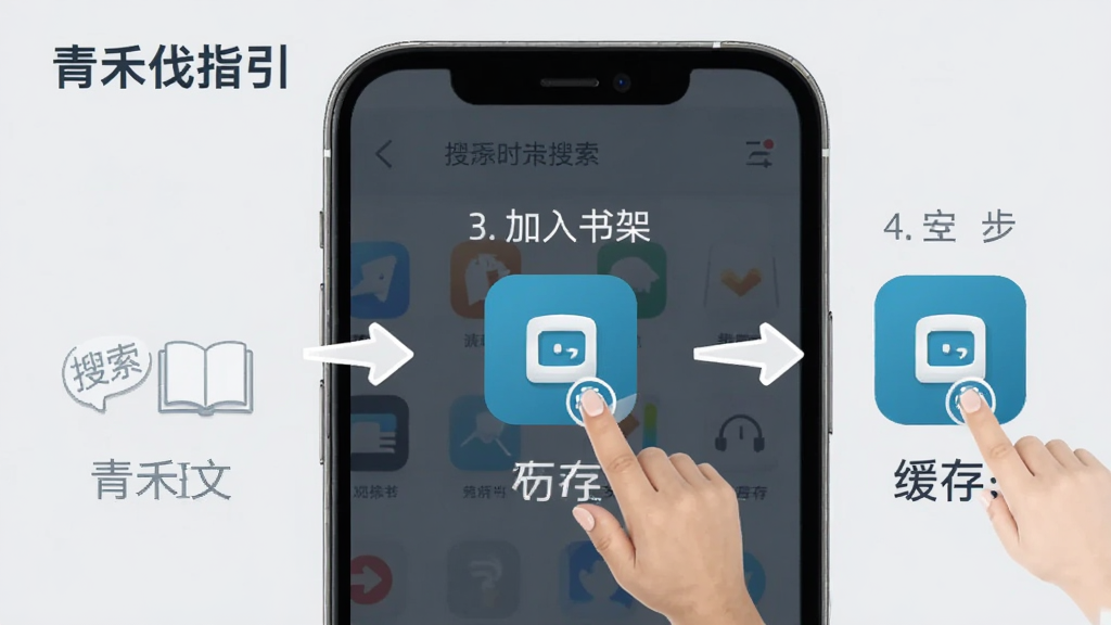 青禾时文新手操作指引图,画面展示一部手机屏幕,屏幕上分步骤标注搜索、加入书架、缓存三个图标,旁边配有箭头指示,背景为浅灰色,布局采用流程图样式,风格简洁商务,细节包含手指点击图标,画质清晰,干净,无多余元素
