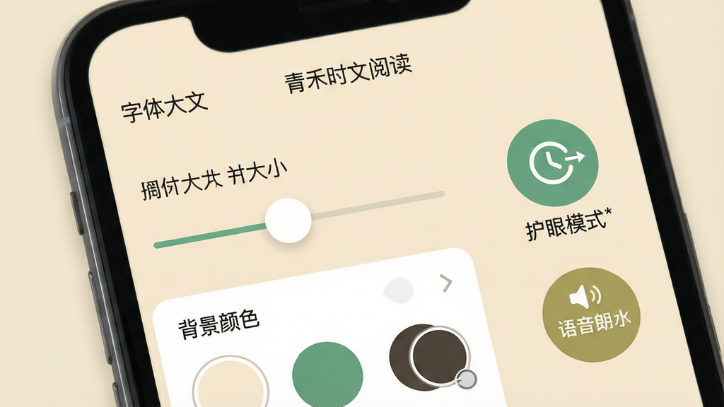 青禾时文阅读设置界面,手机屏幕展示字体大小调节滑块与背景颜色选择面板,背景为柔和的米黄色,画面右侧显示护眼模式图标与语音朗读按钮,布局清晰,风格简约扁平,细节突出人性化交互,画质高清,干净,无多余元素