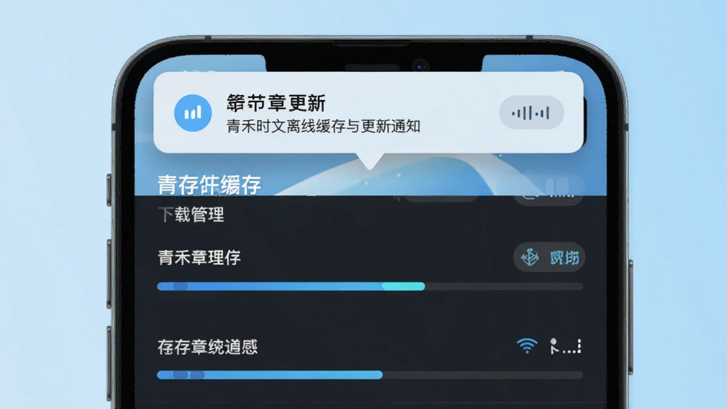 青禾时文离线缓存与更新通知界面,手机屏幕显示下载管理列表,进度条清晰可见,顶部弹出新章节更新通知横幅,背景为淡蓝色渐变,布局上下结构分明,风格科技感与简约结合,细节包含缓存按钮与网络状态图标,画质清晰,干净,无多余元素