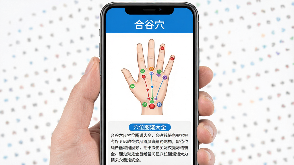 一张展示手机屏幕显示穴位详情页面的图片,页面顶部为穴位名称