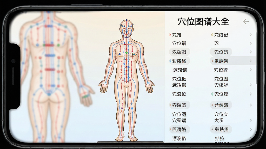 一张展示人体经络穴位全图的手机应用界面截图,画面中央为站立人体正面轮廓,身体上标注着红色和蓝色的经络线条与穴位圆点,右侧有穴位名称列表,背景为干净的浅色渐变,整体风格清爽专业,画质高清,文字清晰标注