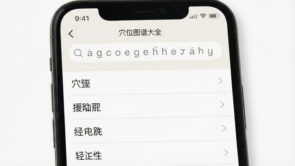 一张展示手机应用搜索界面的图片,搜索框内输入拼音首字母,下方列表显示匹配的穴位名称与经络归属,界面为浅色主题,列表项之间有细分割线,整体布局简洁,画质清晰,文字标注