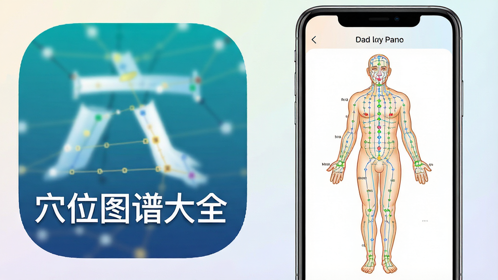 一张展示手机桌面上的穴位图谱大全应用图标以及安装完成后的首次打开界面的组合图,左侧为应用图标特写,右侧为应用主界面人体经络图,背景为干净的浅色渐变,画面清晰,画质高清,文字标注