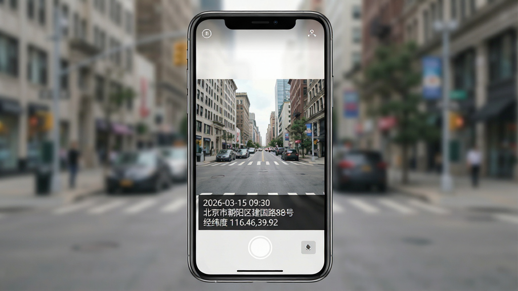 水印相机定位软件功能展示图,画面主体是一部手机,手机屏幕上显示拍摄后的照片,照片底部有半透明黑色水印条,水印条内写有