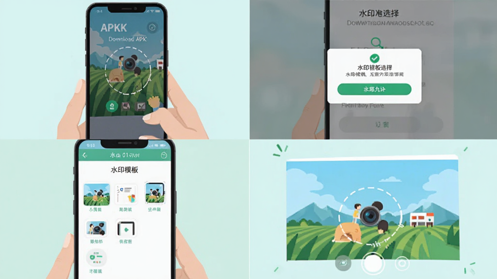 水印相机定位操作步骤示意图,画面展示四格分镜,第一格是手机下载APK界面,第二格是权限允许弹窗,第三格是水印模板选择界面,第四格是拍摄完成后的照片预览,风格扁平化插画,配色清新,画质干净无多余元素