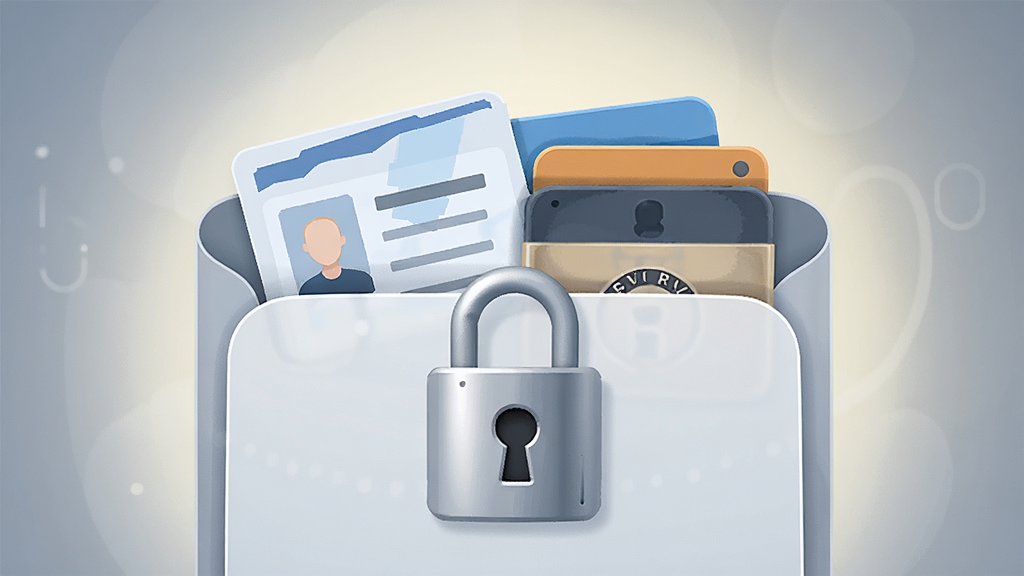 主体是一个带有安全锁图标的手机文件夹,文件夹内整齐放置身份证、驾驶证等卡片;布局为文件夹居中、卡片半露出;排版上安全锁位于文件夹正前方;风格为科技感扁平插画;细节包括锁具金属质感、卡片边缘圆润、背景有淡淡光晕;画质高清、干净、无多余元素