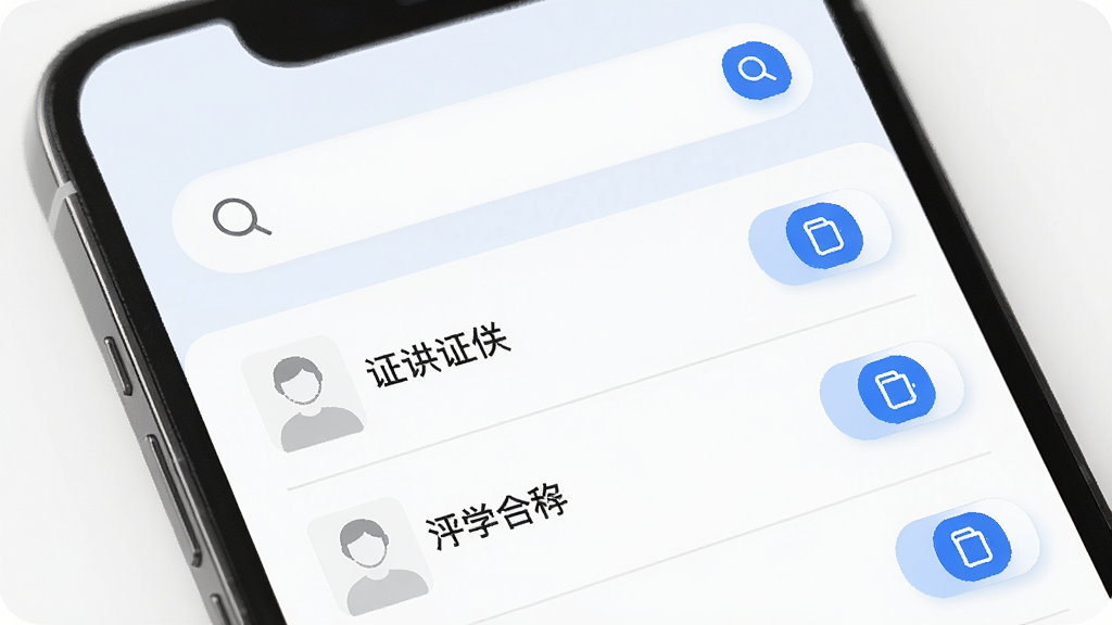 主体是手机屏幕显示搜索框和证件列表,搜索框内有放大镜图标;布局为搜索框在顶部、列表在下方;排版上列表项包含证件名称和复制按钮;风格为现代简约UI;细节包括搜索框圆角、列表分隔线纤细、复制按钮为蓝色小图标;画质高清、干净、无多余元素