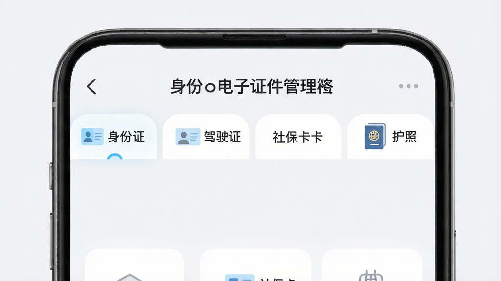 主体是“身份电子证件管理”应用中的分类标签栏,标签包括身份证、驾驶证、社保卡、护照;布局为横向标签排列在手机屏幕上方;排版上标签间距均匀、选中项高亮;风格为清新浅色UI;细节包括图标简约、字体清晰、背景为柔和灰白;画质高清、干净、无多余元素