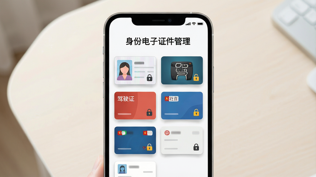 主体是一部智能手机屏幕,屏幕中央显示“身份电子证件管理”应用界面,界面中有身份证、驾驶证、社保卡等证件卡片整齐排列;布局为手机正面竖屏居中展示,背景是干净浅色桌面;排版上应用名称在顶部醒目位置,卡片以网格形式分布;风格为现代扁平化UI设计,清爽简洁;细节包括卡片带有轻微阴影、图标线条简洁、有安全锁标识;画质高清、干净、无多余元素