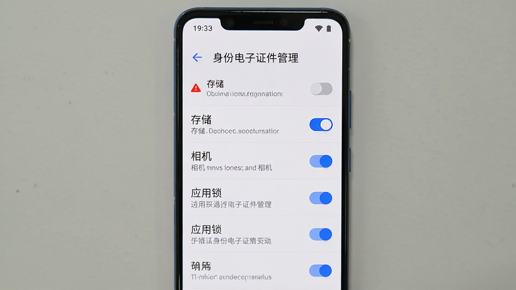 主体是一部安卓手机显示“身份电子证件管理”的权限设置页面,页面中有存储、相机、应用锁等开关;布局为手机竖屏居中;排版上权限项列表清晰、开关状态明显;风格为系统设置风格UI;细节包括红色警示图标、蓝色高亮开关、灰色说明文字;画质高清、干净、无多余元素