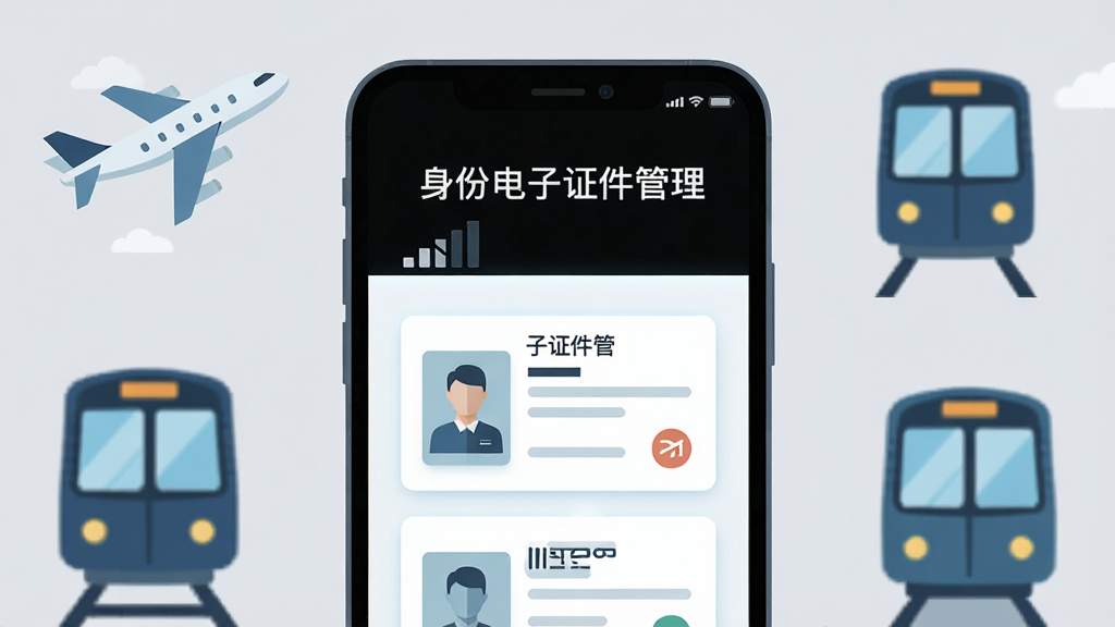 主体是一部手机在无网络信号环境下显示“身份电子证件管理”界面;布局为手机居中、周围有飞机、地铁等出行元素;排版上手机屏幕明亮、背景为浅灰;风格为扁平插画;细节包括信号格为空、证件卡片清晰可见、整体色调冷静;画质高清、干净、无多余元素