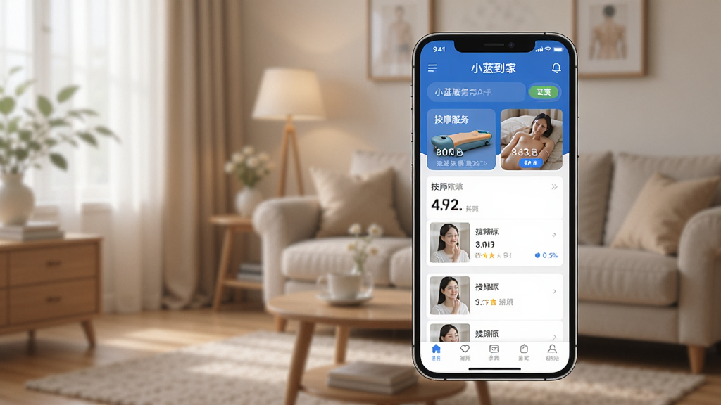 һ��չʾ�ֻ���Ļ��ͼƬ����Ļ����ʾС������APP����ҳ���棬�������а�Ħ�������ͼ�ʦ�б�����������ܰ�ļҾӻ��������дʵ��ϸ�����������ʸ��壬�ɾ����޶���Ԫ�ء�