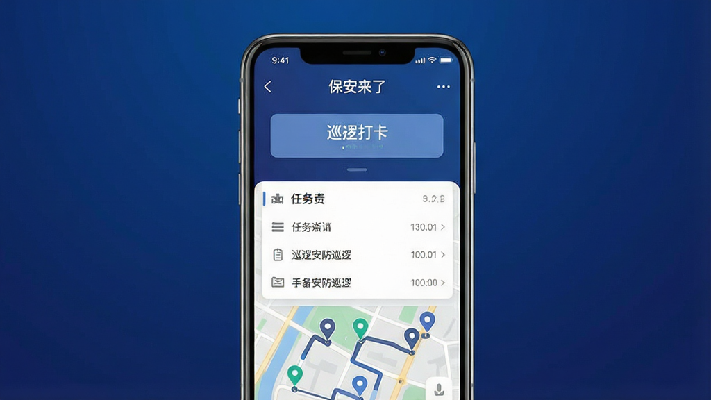 一张展示手机安防巡逻打卡应用界面的图片,画面中央是一部竖屏智能手机,屏幕上显示“保安来了”应用主界面,界面包含巡逻打卡按钮、任务列表和路线地图,背景是简洁的深蓝色渐变,布局为手机居中展示,风格为现代扁平化UI设计,细节包括清晰的图标、打卡时间显示和巡逻点标记,画质高清,干净,无多余元素