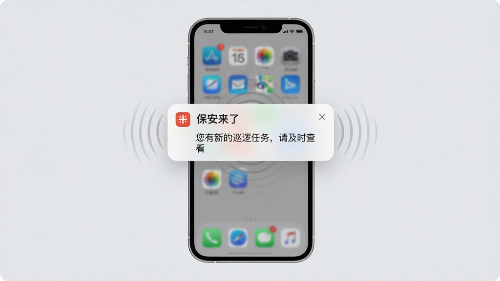 一部手机屏幕弹出“保安来了”任务提醒通知,通知内容显示“您有新的巡逻任务,请及时查看”,画面以手机屏幕为焦点,背景为柔和的浅灰色,布局为手机居中,风格为极简UI展示风,细节包括通知卡片、应用图标和震动波纹效果,画质高清,干净,无多余元素