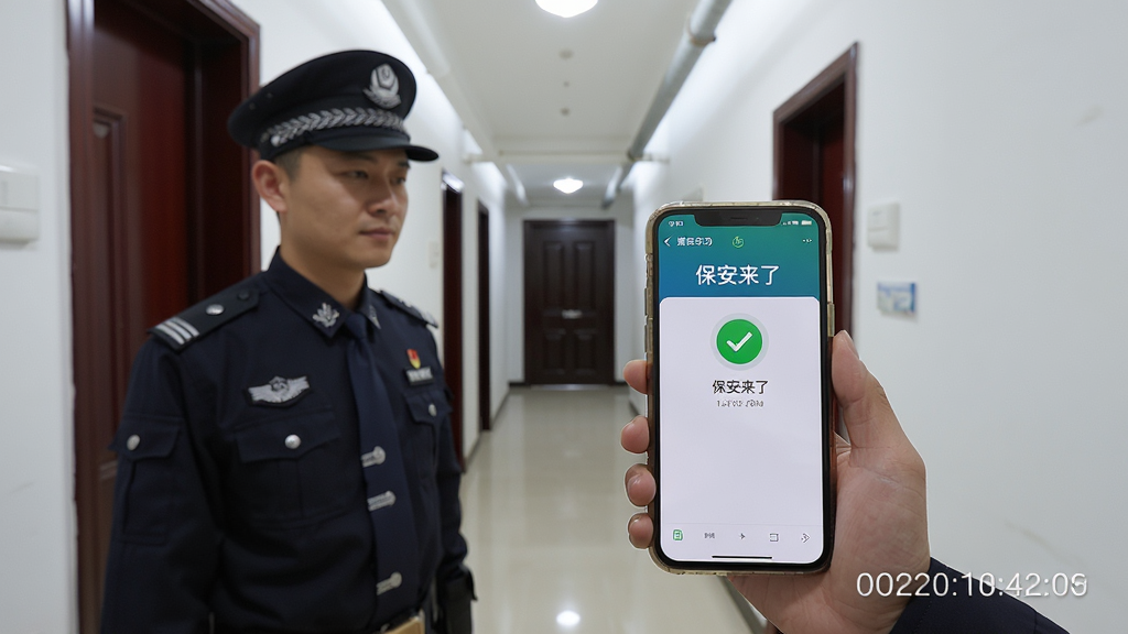 一名身穿制服的保安人员在小区楼道内使用手机进行巡逻打卡,手机屏幕显示“保安来了”打卡成功页面,画面构图以人物和手机为视觉中心,背景为整洁的住宅楼道,风格为写实摄影风,细节包括保安制服、手机界面和时间水印,画质高清,干净,无多余元素