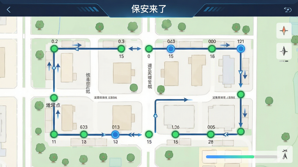 一张“保安来了”应用内的巡逻路线管理界面截图,画面展示一张小区平面地图,地图上标注了多个巡逻点位和连接路线,点位以绿色圆点显示,已完成点位为蓝色,布局为地图占满屏幕,风格为简洁科技风,细节包括路线箭头、点位编号和进度条,画质高清,干净,无多余元素