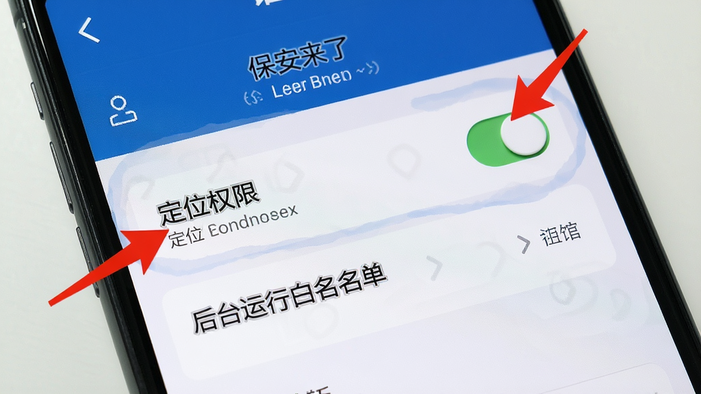 一部手机显示“保安来了”应用设置界面,画面中高亮标注了定位权限和后台运行白名单选项,布局为手机屏幕特写,风格为教程指引风,细节包括红色箭头指向权限开关和文字标注,画质高清,干净,无多余元素