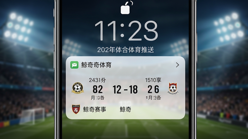 一张展示鲸奇体育比分推送功能的AI生图,画面主体是手机锁屏界面弹出鲸奇体育的进球通知,通知卡片上有球队名称与比分变化,背景为模糊的体育场灯光,风格写实且干净,画质高清,布局突出通知内容,细节包括时间戳与赛事标识