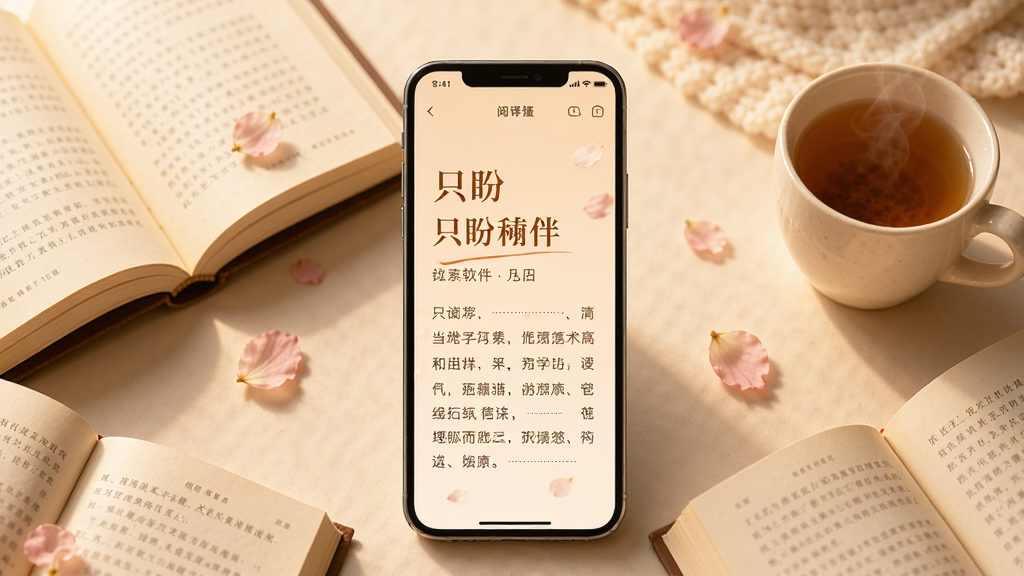 一张展示手机屏幕显示只盼软件阅读界面的图片,画面中央是手机,屏幕上有温馨的文字排版和柔和的背景色,周围环绕着几本翻开的书籍和一杯热茶,整体布局简洁舒适,风格温暖治愈,细节包括柔和的暖色调灯光和飘落的花瓣,画质高清,干净,无多余元素