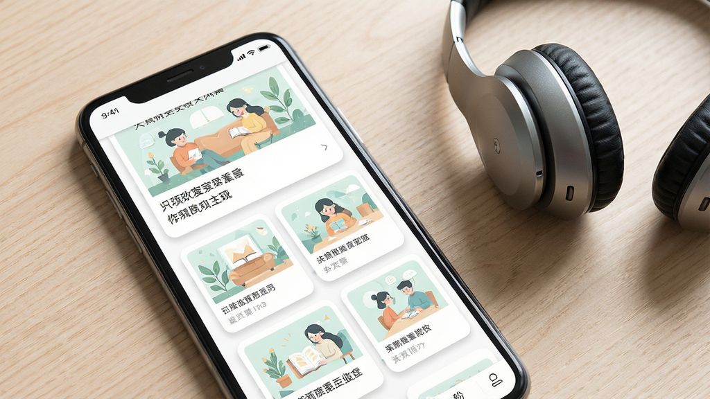 一张展示只盼软件内文章列表页面的图片,手机屏幕显示多个文章卡片,每张卡片配有标题和精美插图,页面布局整齐,风格清新淡雅,背景是浅色木纹桌面,旁边放着一副耳机,细节包括卡片边缘的柔和阴影,画质高清,干净,无多余元素
