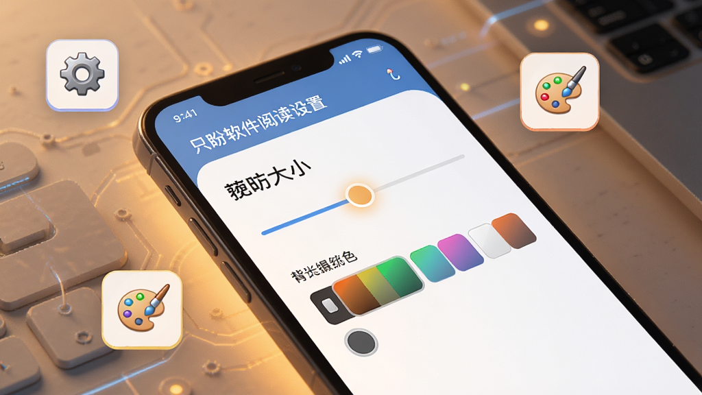 一张展示只盼软件阅读设置界面的图片,手机屏幕显示字体大小滑块和背景颜色选项,界面设计简洁直观,周围有齿轮和调色板的小图标点缀,风格科技感与温馨感结合,细节包括屏幕发出的柔和光芒,画质高清,干净,无多余元素