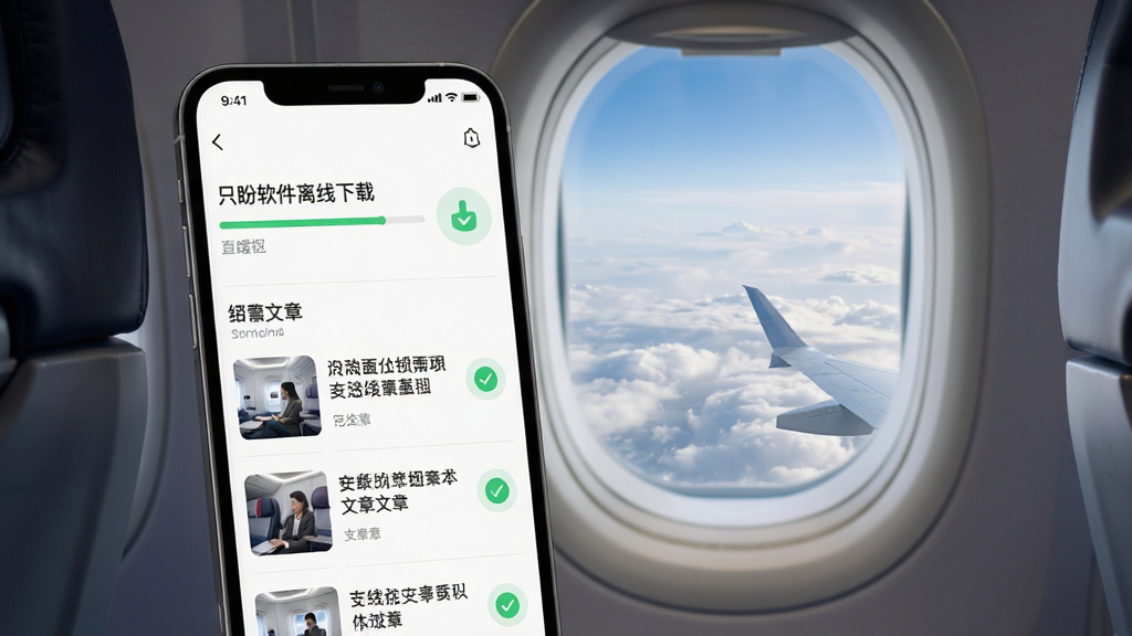 一张展示只盼软件离线下载功能的图片,手机屏幕显示下载进度条和已缓存文章列表,背景是飞机舷窗外的云层,暗示旅行场景,风格现代简约,细节包括下载完成的绿色对勾图标,画质高清,干净,无多余元素