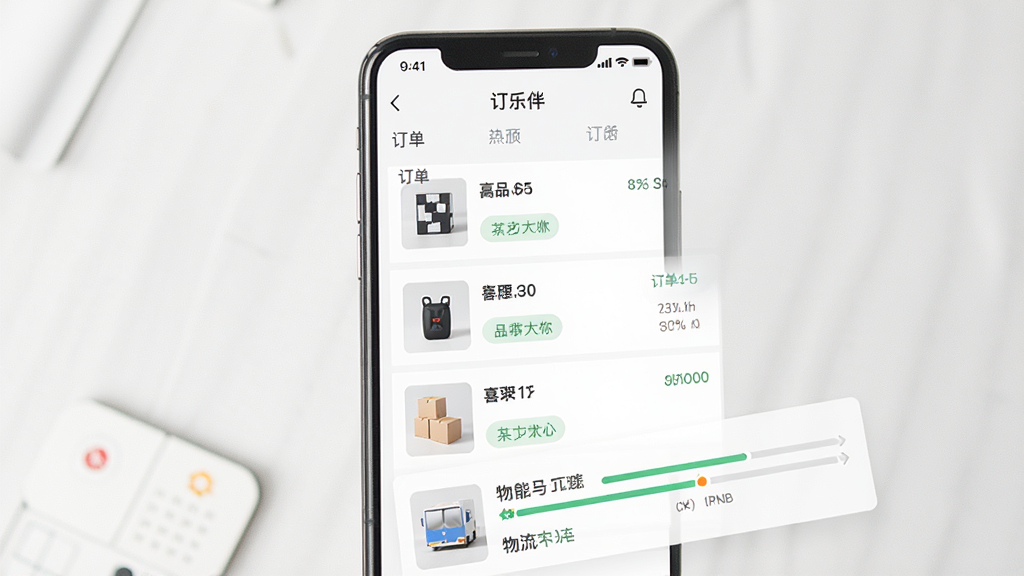 一张展示喜乐伴应用内订单管理页面的图片,画面主体是手机屏幕,屏幕中显示订单列表和物流追踪进度条,布局为竖屏手机界面,排版清晰,风格为简洁的浅色系,细节包括订单编号、商品缩略图、物流状态标签等元素,画质高清,干净,无多余元素