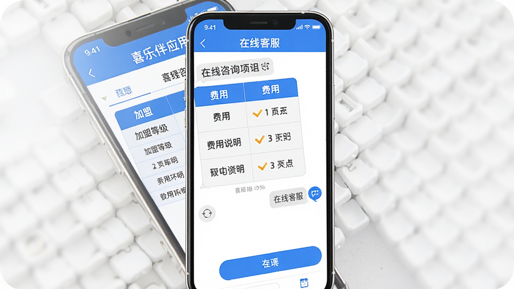 一张展示喜乐伴应用内加盟咨询页面的图片,画面主体是手机屏幕,屏幕中显示加盟政策表格和在线客服对话框,布局为竖屏手机界面,排版清晰,风格为商务简约的蓝白配色,细节包括加盟等级、费用说明、聊天按钮等元素,画质高清,干净,无多余元素