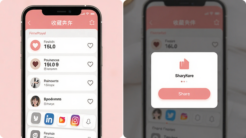 一张展示喜乐伴应用内收藏与分享功能的图片,画面主体是手机屏幕,屏幕中显示收藏夹列表和分享弹窗,布局为竖屏手机界面,排版简洁,风格为温馨的粉色与白色搭配,细节包括心形收藏图标、分享按钮、社交平台图标等元素,画质高清,干净,无多余元素