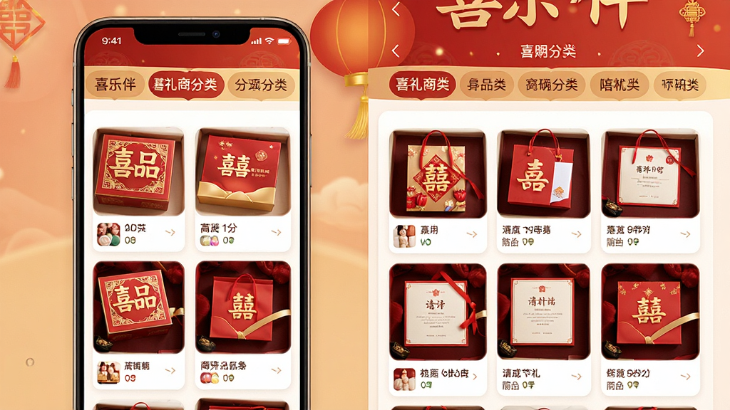一张展示喜乐伴应用内喜礼商品分类页面的图片,画面主体是手机屏幕,屏幕中显示多个商品分类标签和商品列表,布局为竖屏手机界面,排版整齐,风格为温馨喜庆的红色与金色搭配,细节包括喜糖盒、伴手礼袋、请柬等小图,画质高清,干净,无多余元素
