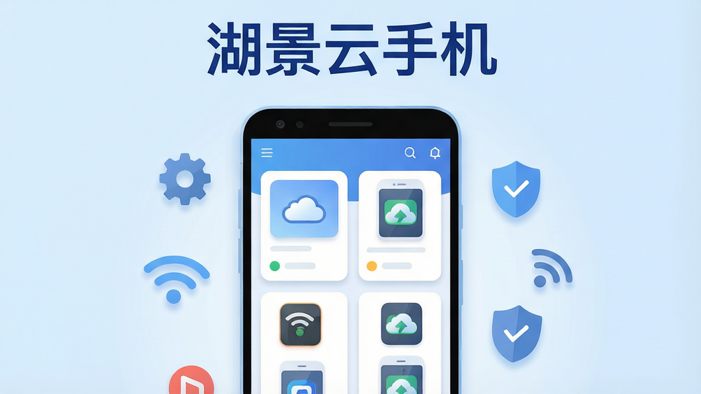 一幅展示手机云端操作场景的插画,画面中央是一部安卓手机,手机屏幕上显示着云手机管理界面,界面中有多个云手机实例卡片,每个卡片上都有不同的应用图标,手机周围漂浮着设置齿轮、WiFi信号、盾牌等小图标,背景为浅蓝色渐变,风格为清新扁平化,细节包括柔和的投影、圆角卡片、简洁的图标设计,画质清晰,干净整洁,无多余元素,图片顶部用深蓝色字体写着“湖景云手机”
