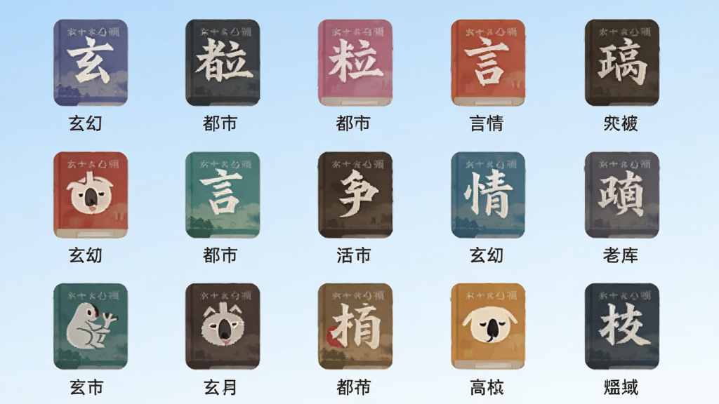 考拉小说书库分类界面,展示手机屏幕中整齐排列的图书分类图标,包含玄幻、都市、言情等标签,背景为淡蓝色渐变,扁平化设计风格,画面干净整洁,画质清晰,无多余元素