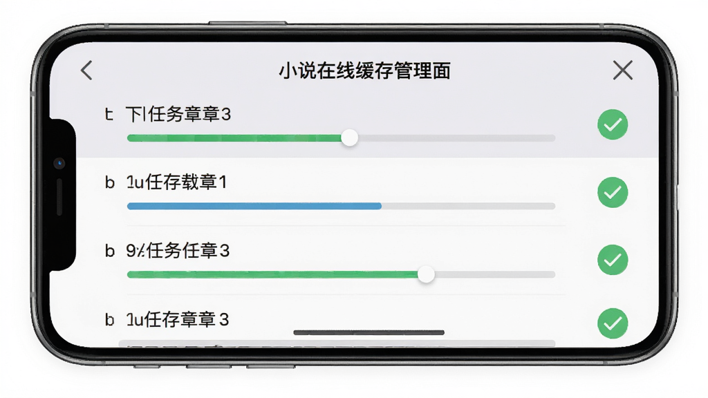 考拉小说离线缓存管理界面,手机屏幕显示下载任务列表与进度条,旁边有已缓存章节的绿色对勾图标,背景为浅灰色,界面清爽,画质干净,无多余元素