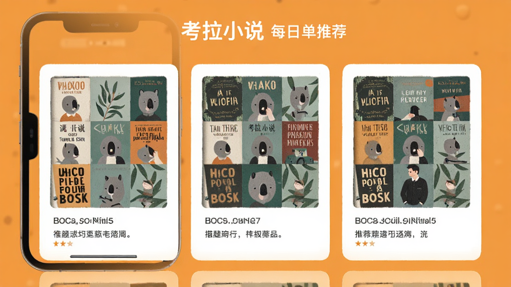 考拉小说每日书单推荐页面,手机屏幕展示多个主题书单卡片,卡片上有书籍封面拼图和推荐语,背景为暖橙色,扁平化插画风格,画质清晰,无多余元素