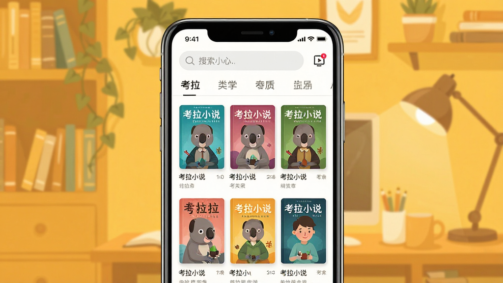 考拉小说应用主界面展示,画面中央是一部智能手机,屏幕内显示考拉小说书架页面,排列着多本彩色封面小说,顶部有搜索栏和分类标签,背景是温馨的暖黄色调书房环境,柔和光线,扁平化UI设计风格,细节清晰,画质干净,无多余元素