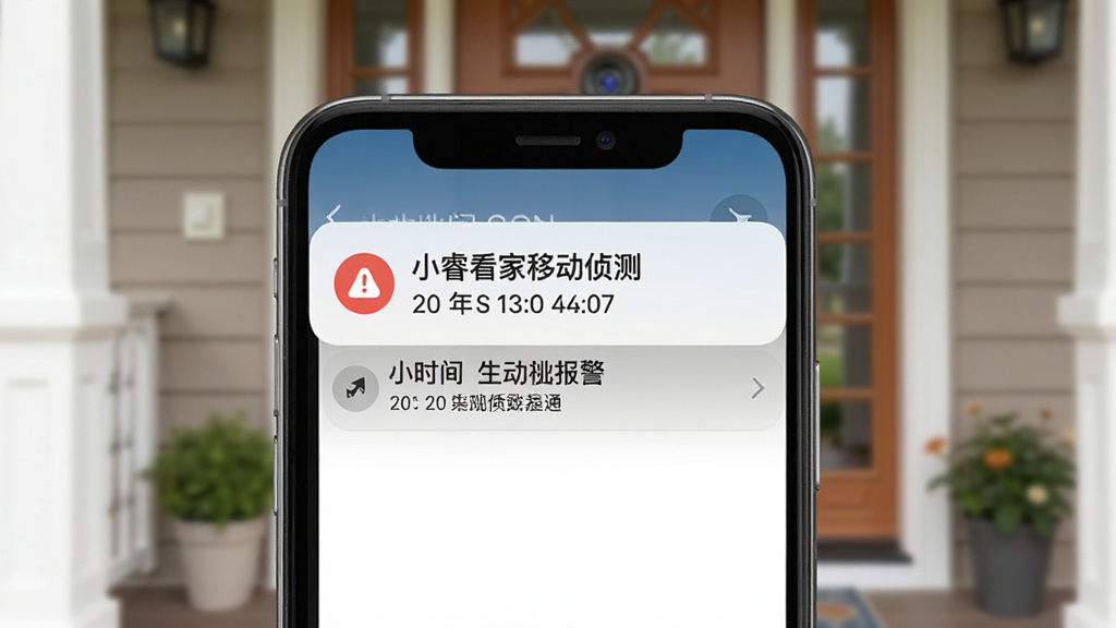 一张展示手机接收小睿看家移动侦测报警通知的界面图,画面中手机屏幕顶部弹出报警推送通知,下方显示报警时间与摄像头名称,背景为家庭门口场景,风格为简洁实用,细节包括通知图标、时间信息,画质高清,干净,无多余元素