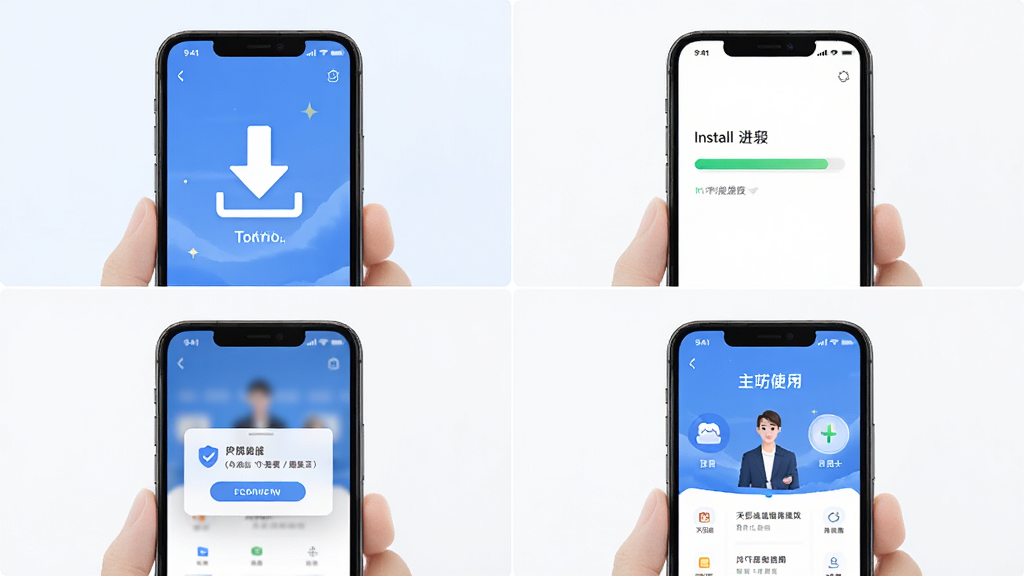 天影查操作步骤示意图,主体为手机屏幕展示从下载到安装再到打开使用的完整流程,布局为四格分镜形式,排版从上到下依次展示,风格清新简约,细节包括下载箭头、安装进度条、权限弹窗、主界面,画质高清,干净,无多余元素