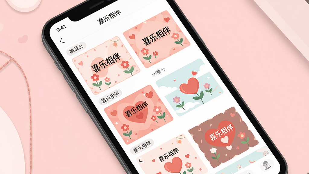 һ��չʾ�ֻ���Ļ�Ļ��棬��Ļ����ʾ��ϲ����顱Ӧ���ڵ�ģ��ѡ����棬���������Ŷ�ͬ����ͼƬģ�壬ģ�����С�ϲ����顱�����ͻ��䡢����ͼ��������Ϊǳ��ɫ���棬���Ϊ��ƽ�廭��ϸ�ڰ���ģ������ͼ�����������ǩ�ɼ������ʸ��塢�ɾ����޶���Ԫ��
