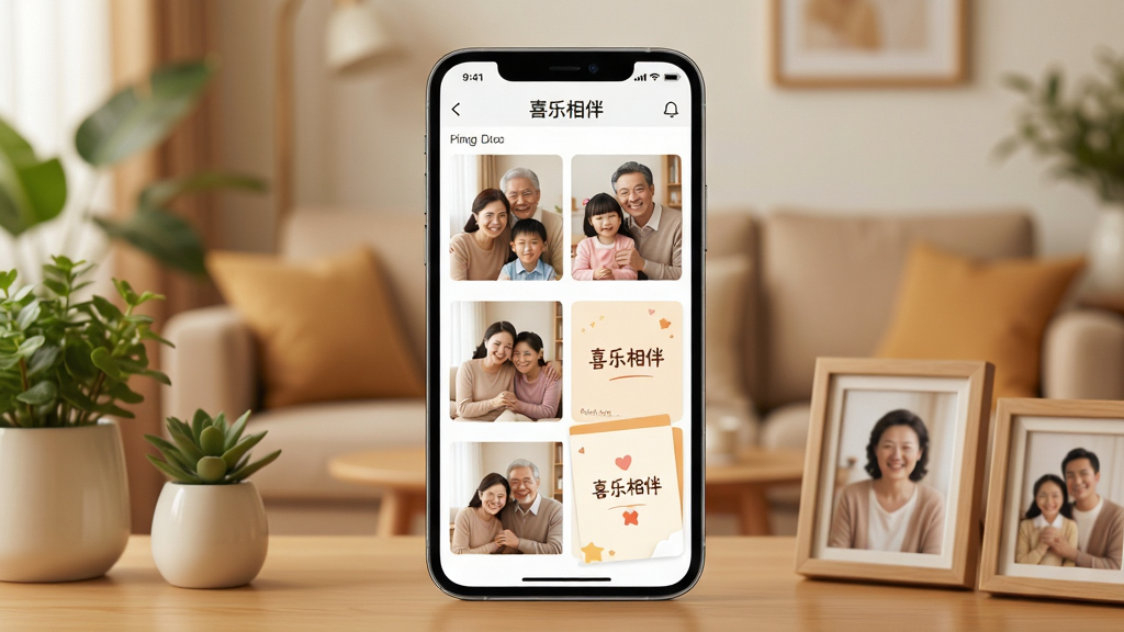 ��������չʾһ�������ֻ�����Ļ����ʾ��ϲ����顱Ӧ�ý��棬�����������Ŷ�����ܰ��ͥ��Ƭ��ף����Ƭ��������ůɫ���Ŀ�������������Ϊ�ֻ����С���Χ��׺��ֲ����򣬷��Ϊ����дʵ��ϸ�ڰ�����Ƭ������Ц������Ƭ�ϵġ�ϲ����顱���������ɼ������ʸ��塢�ɾ����޶���Ԫ��