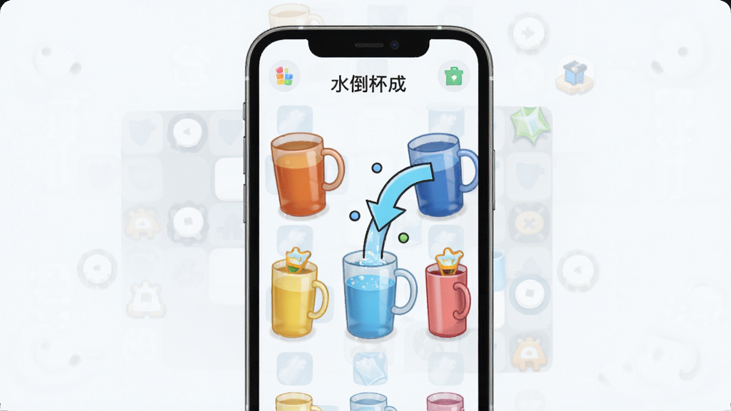 水倒杯成 功能展示图 手机屏幕中显示多个彩色水杯 箭头指示倒水方向 界面清爽 益智解谜风格 高分辨率 干净构图
