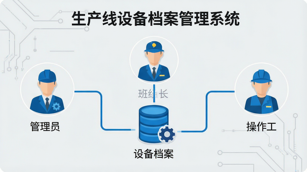 一张信息图表风格的插图,展示“生产线设备档案管理系统”的权限分级架构,画面左侧为管理员角色图标,中间为班组长角色图标,右侧为操作工角色图标,三者通过线条连接至中央的设备档案数据库图标,整体配色为科技蓝与浅灰,排版简洁清晰,画质干净,无多余文字装饰