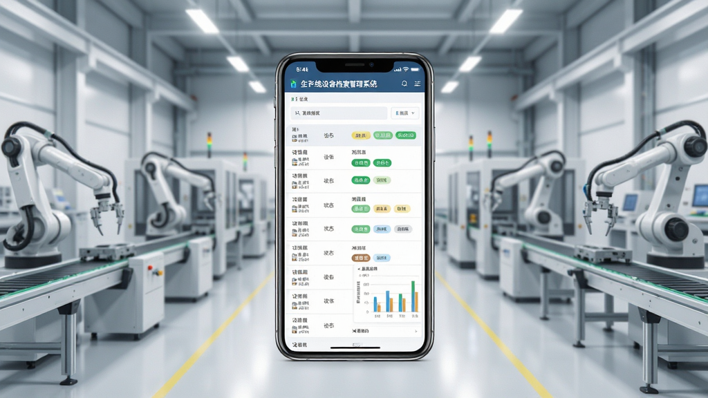 一张展示现代化工厂车间的全景图,画面中央放置一部智能手机,手机屏幕上清晰显示“生产线设备档案管理系统”的软件界面,界面中包含设备列表、状态标签和统计图表,背景是整齐排列的自动化生产线设备,整体风格为写实科技风,光线明亮,画面干净整洁,画质细腻高清,无多余杂乱元素