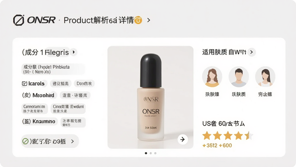 一张 ONSR 应用内产品解析页面的图片,画面展示一款粉底液的产品详情卡片,包含成分标签、适用肤质图示和用户评分,背景为浅灰色,排版整洁,风格专业清爽,画质干净,无多余元素