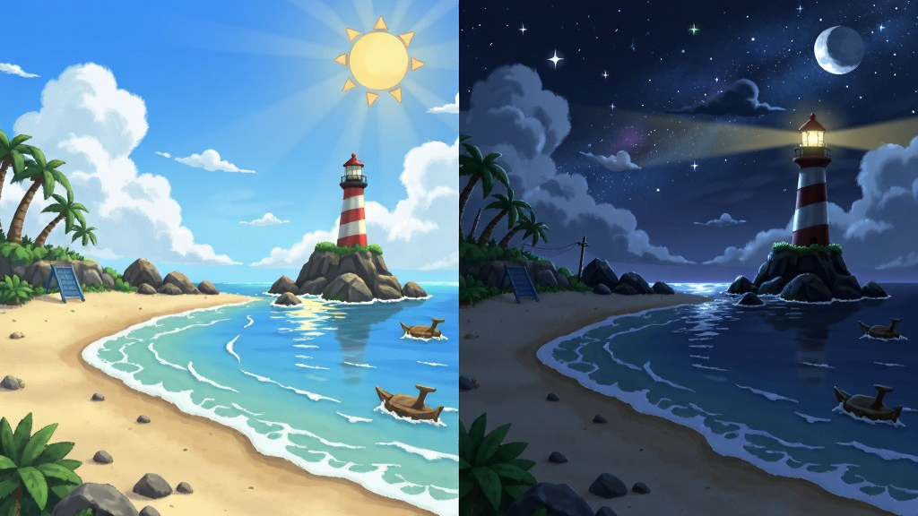 星回岛 游戏画面 潮汐变化 同一场景的白天与夜晚对比 左侧为白天 右侧为夜晚 画面中有沙滩 礁石 灯塔 潮水线位置不同 风格为清新手绘 细节包括水面反光 星空 云朵 画质清晰 干净 无多余元素