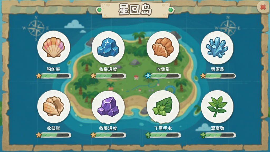 星回岛 收集界面 展示各种贝壳 矿石 植物标本 漂浮在屏幕上 背景为岛屿地图 风格为清新扁平化 细节包括每个物品的图标 名称标签 收集进度条 画质高清 干净 无多余元素
