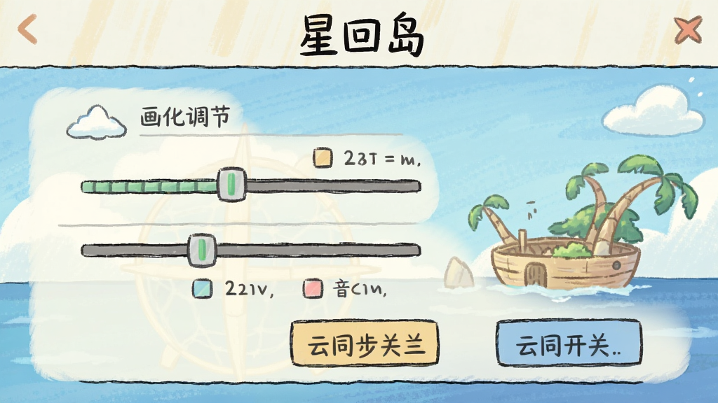 星回岛 设置界面 展示画质调节 音量控制 云同步开关 布局为竖屏 风格为简洁手绘 细节包括滑块 按钮 说明文字 画质清晰 干净 无多余元素