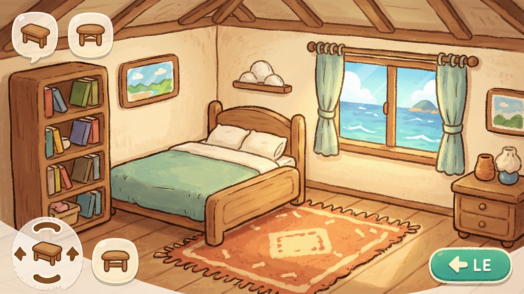 星回岛 小屋内部 展示家具布置界面 有床 书架 地毯 窗户 窗外可见海景 风格为温馨手绘 细节包括家具图标 旋转按钮 保存按钮 画质高清 干净 无多余元素