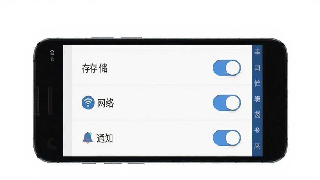 画面中央展示一部安卓手机,屏幕显示学术猫软件的权限设置界面,有“存储”“网络”“通知”等开关选项,风格为扁平化设计,细节包括开关按钮、文字标签清晰,画质高清,干净,无多余元素。