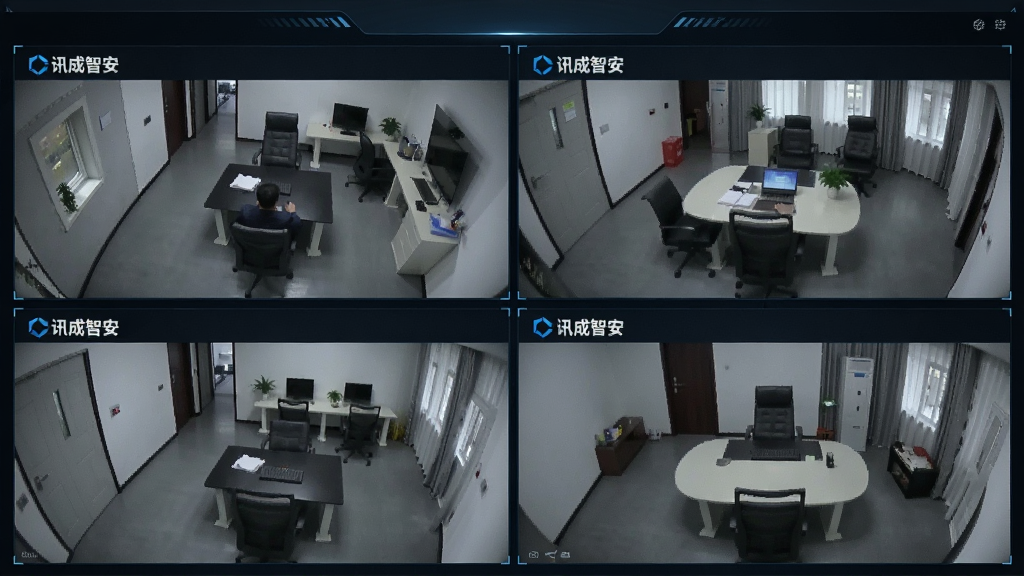 一张展示多路视频监控画面的示意图,画面中分屏显示四个不同场景的实时监控画面,每个画面左上角标注“讯成智安”Logo,整体风格为深色科技风,界面整洁,布局清晰,画质细腻,无多余元素